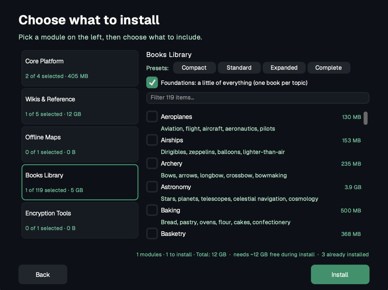 Installer screen with selectable content modules and install sizes
