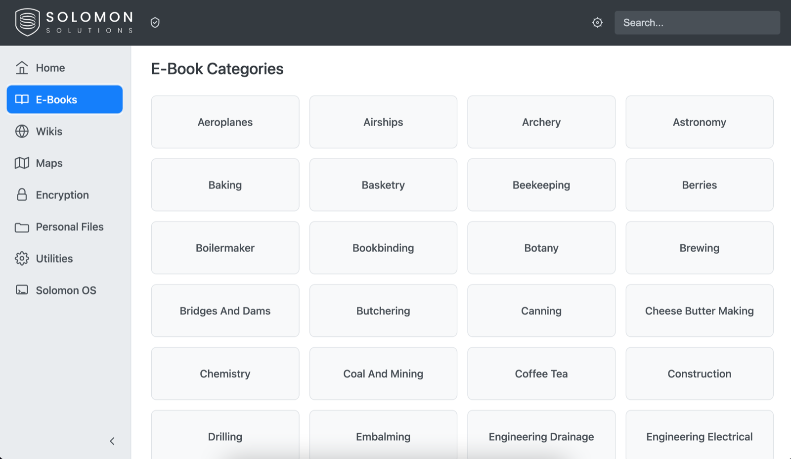 E-Book categories grid spanning dozens of practical topics